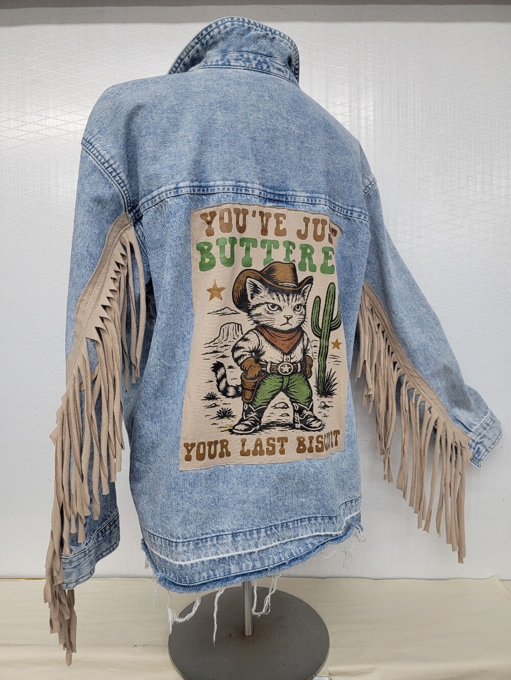Western Denim Fringe Pullover Tunic Shirt Jacket with Western Cat - Upcycled - Picture 5 of 10